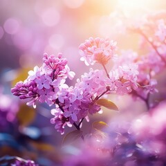 Wall Mural - Beautiful floral natural wild pink lilac flowers Spring lilac flowers in the rays of sunlight in spring, A picturesque artistic image with a soft focus. Illustration