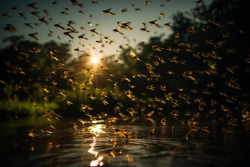 Sticker - A large swarm of mosquitoes hovering over a stagnant pond, symbolizing the risk of diseases like malaria and dengue