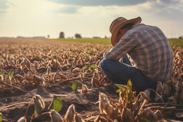 Poster - A farmer examining damaged leaves on crops in a field, indicative of a pest problem requiring intervention