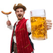 © master1305 - Happy man in traditional fest Bavarian or German outfit with big beer glass and fried sausage celebrating Oktoberfest isolated over transparent background. Alcohol, traditions, holidays, taste concept