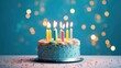 © sticker2you - Blue birthday cake with candles, people, table, birthday party for children. AI Generative