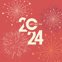 Creative happy new year 2024 with bursts of fireworks. Vector illustration.