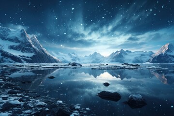 photograph of Arctic landscape with blue starry sky, water, ice, snowy rocks, milky way. Space and galaxy