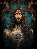 Fototapeta Paryż - The crucifix holds the heart of St. Jesus in a psychedelic illustration with layered portraits.