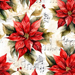 Christmas retro pattern of red poinsettia, music notes, christmas song, christmas flower. As card, poster, digital paper. 