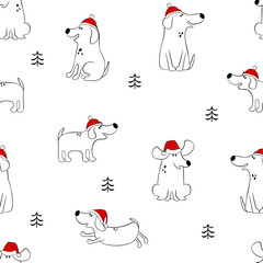 Wall Mural - Funny cartoon dogs with red hat and christmas tree. Seamless print