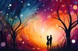 A couple in love standing in the forest at sunset. Abstract background for Spouse's Day. 