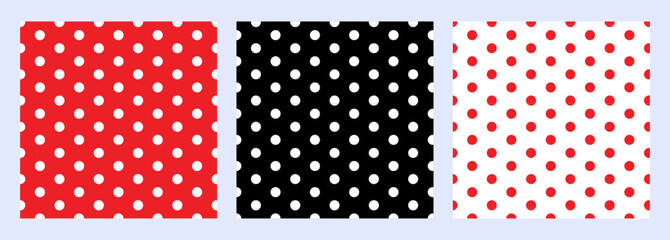 Poster - Repeating Pattern Tile in Red, Black and White Polka Dots. Vector Seamless Patterns. Kids Party Backgrounds set. Children Birthday Invitation Backdrops.