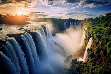 Wall Mural - Iguazu Falls at sunset, border of Brazil and Argentina, The Iguazu Waterfalls in Brazil, AI Generated