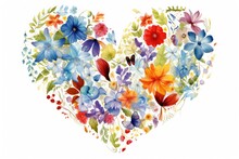 Watercolor Floral Heart Isolated On White Background. Hand Drawn Illustration, The Shape Of A Heart Drawn With A Multitude Of Leaves And Colorful Flowers On A White Background, AI Generated