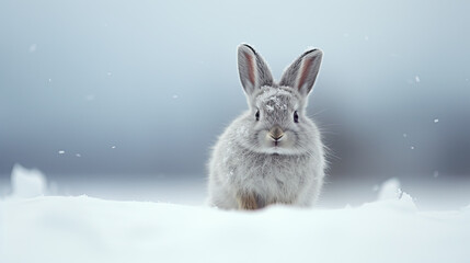Wall Mural - Cute bunny   in the snow, winter wallpaper 