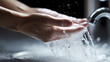 Hand washing poster web page PPT background, a person stands in front of the sink, stretches out his hands and puts them under the faucet