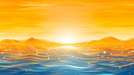 Wall Mural - serene sunset with a golden sky over blue ocean waves. Mountains silhouette against the bright horizon