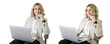 © muse studio - A satisfied female manager is smiling, using a laptop, a psychologist is working online. A businesswoman in the office is sitting in a chair in the office holding a computer . Isolated background.