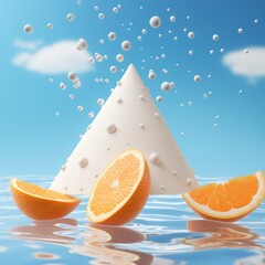 Poster - a pyramid shaped object surrounded by oranges