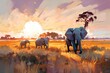 African Elephant in Savannah on Sunset, Africa Landscape With Elephants, Watercolor Imitation
