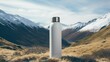 White camping vacuum flask mockup in mountains, thermos with blank space. create using a generative ai tool 