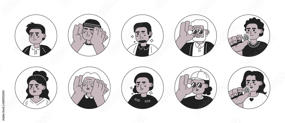 Modern african-american people black and white 2D vector avatars ...