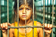 Sad Young Latina In Juvenile Detention Center.