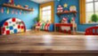  Empty wooden table top and blurred kids room interior on the background. Copy space for your object, product, toy presentation. Display, promotion, advertising
