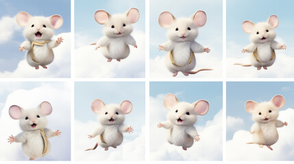 Poster - Collection of cute white mouse in different poses on blue sky background.