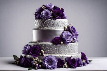 A 3 Tier Silver And Purple Weeding Cake, On A Table, With White Back Ground