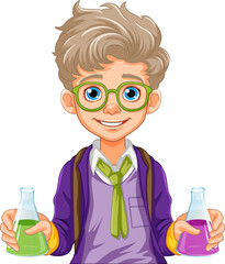 Poster - Male student cartoon holding conical flask on science class experiment