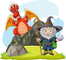 Wall Mural - Wizard Cartoon Character with Dragon