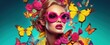 Beautiful woman with voluminous hair with butterflies and flowers, wearing bold red sunglasses. Concept of beauty, nature, fashion, spring, and transformation in a surreal composition.