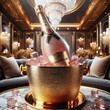 A gold bottle of champagne surrounded in pink ice-cubes inside of a gold and diamond studded ice-bucket Bottle has gold label very expensive look for exquisite entertaining.
