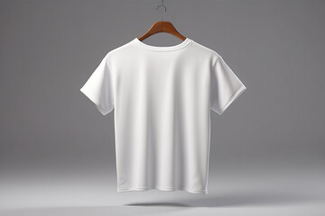 Wall Mural - Blank white t-shirt on wooden hanger against a gray background, suitable for mock-up designs.