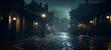 Fototapeta Londyn - Back street alley with old city houses in rain at night. Ai. Empty dark alleyway