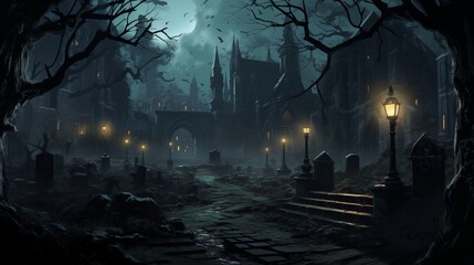 Wall Mural - An eerie graveyard shrouded in mist and shadows. Digital concept, illustration painting.
