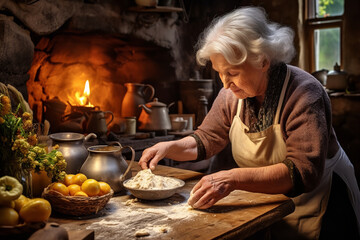 Wall Mural - Revel in a heartwarming scene of an elderly Irish woman meticulously preparing traditional soda bread in a rustic kitchen, as the mouthwatering aroma fills the room on a St. Patrick's morning.