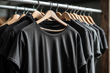 Wall Mural - Black t-shirt on hanger in store, ideal for design mockups.