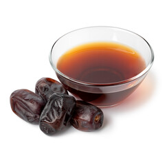 Wall Mural - Glass bowl with date vinegar and dried dates in front isolated on white background