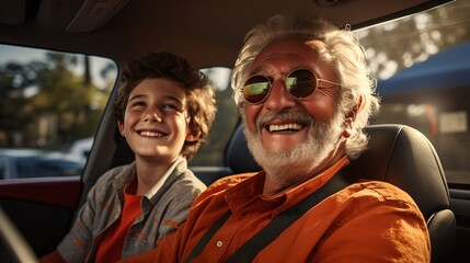 Wall Mural - Happy grandfather and grandson riding in the car