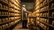A farmer turns over cheese heads on wooden shelves in the cheese maturation storage. 
