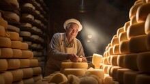 A Farmer Turns Over Cheese Heads On Wooden Shelves In The Cheese Maturation Storage. 