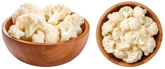 Wall Mural - White cauliflower cut in pieces in a wooden bowl, side and top view, isolated on transparent background, vegetable bundle