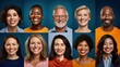 group of smiling people of different nationalities on different colored backgrounds. 