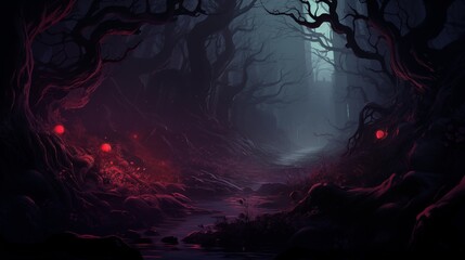 Wall Mural - A dark-fantasy haunted forest. Digital concept, illustration painting.