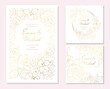 Gold flowers invitatation set. Wedding floral card template set with peony rose and daffodils.
