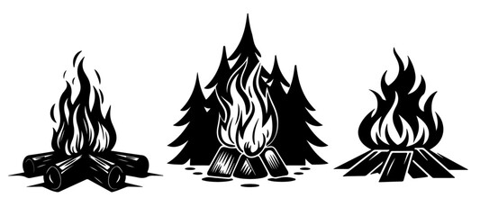 Wall Mural - Camping wildlife adventure icons illustration icon vector for logo - Collection set of black silhouette of campfire wildlife, isolated on white background