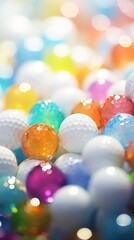 Poster - Many colorful plastic golf balls are scattered on a table, AI