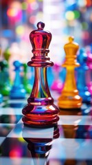 Poster - Colorful chess pieces on a checkered board, AI