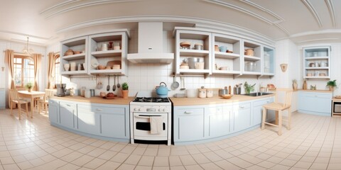 Wall Mural - A virtual reality view of a kitchen with blue cabinets, AI