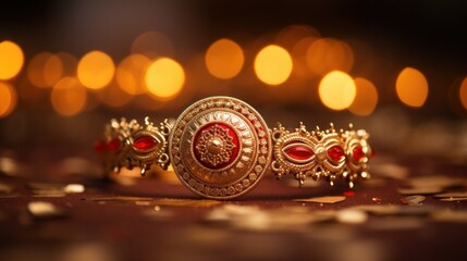 Canvas Print - Golden bangles on a table with lights, AI