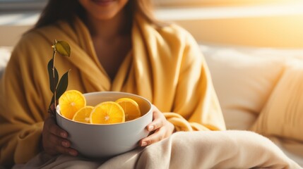 Wall Mural - A woman in a robe holding up an orange bowl, AI