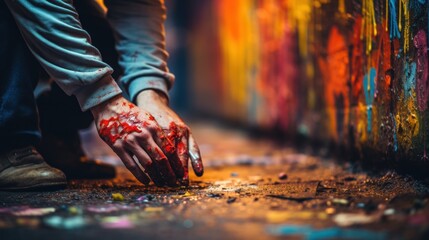 Wall Mural - A man is holding his hand to a wall covered in paint, AI